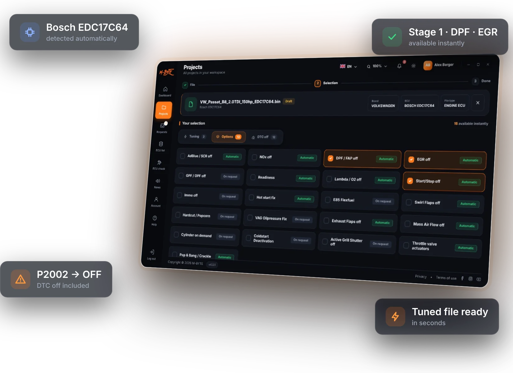 App de escritorio M-BYTE – centralita detectada, soluciones automáticas y lista de DTC